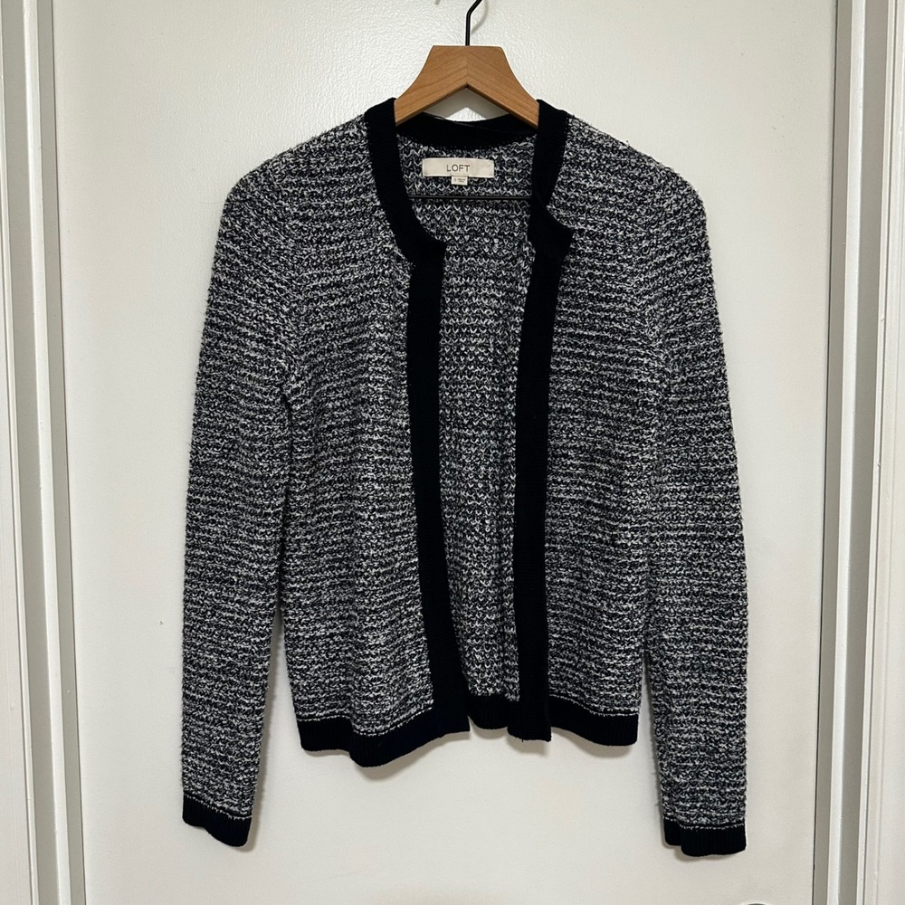 Loft | Women's Navy Blue White Marled Open Front Knit Cardigan Sweater, S